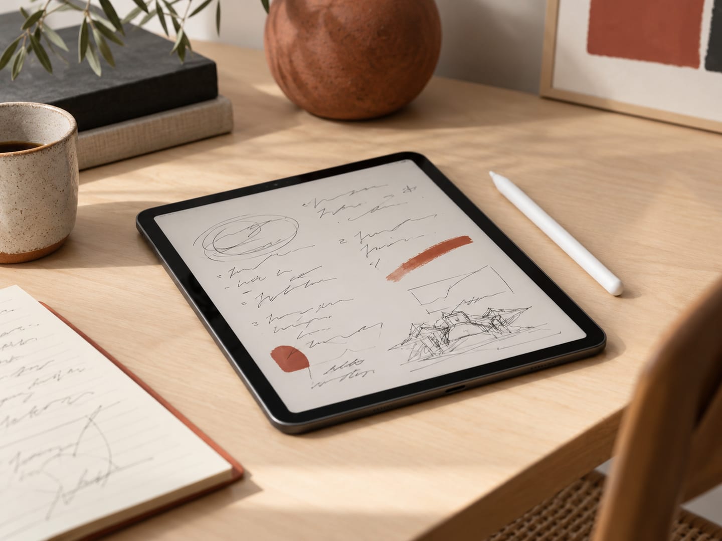 A tablet with handwritten notes on its screen lying on a birch desk beside a stylus, a notebook and a cup