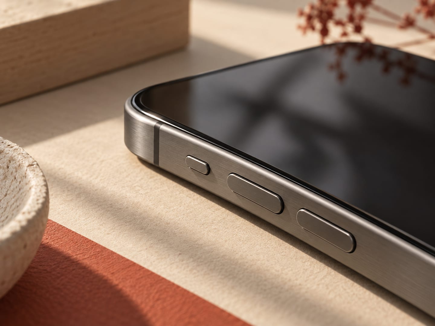 Close-up of a smartphone's brushed titanium frame and screen edge on warm beige paper